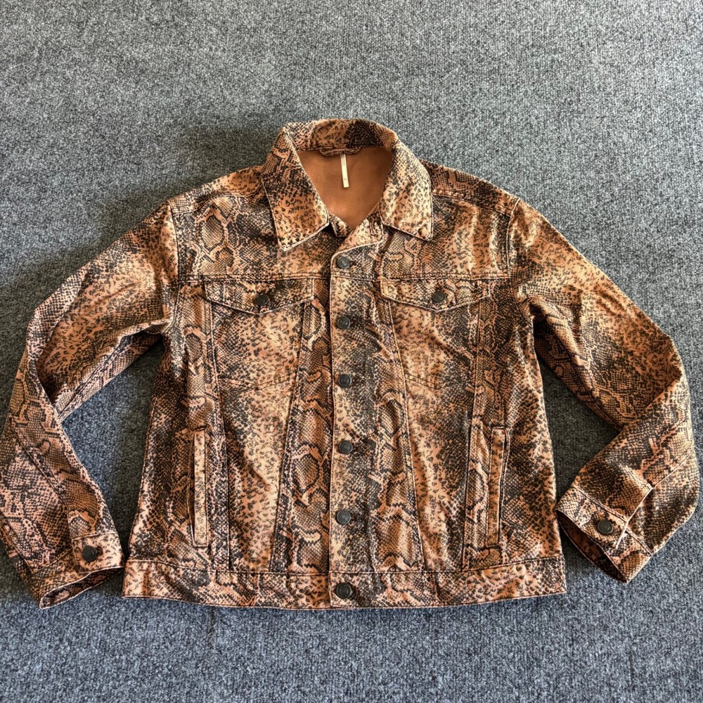 Free People Snakeskin Print Denim Jacket Womens XS Brown Tan OB949186 Cotton